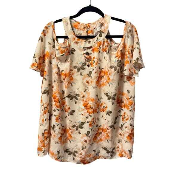 Cato Floral Cold Shoulder Blouse Sz 18/20W Lightweight Orange/ Cream Floral Desi - Picture 1 of 12